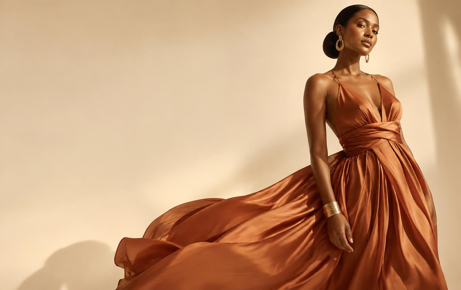 Model in a terracotta silk gown